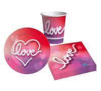 Kit Vaisselle de Fête Love Party pour 24 personnes (88 pcs: 24 assiettes Ø18cm, 24 gobelets 250ml, 40 serviettes 33x33cm) en papier compostable eco-friendly
