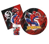 Kit Vaisselle de Fête Marvel Spider-Man World of Webs pour 24 personnes (88 pcs: 24 assiettes Ø23cm, 24 gobelets 200ml, 40 serviettes 33x33cm) en papier FSC compostable eco-friendly