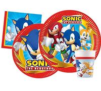 Kit Vaisselle de Fête Sonic Modern pour 24 personnes (112 pcs: 24 assiettes Ø23cm, 24 assiettes Ø20cm, 24 gobelets 200ml, 40 serviettes 33x33cm), Bleu, Rouge