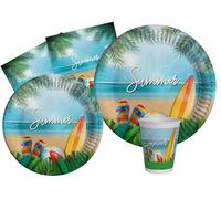 Kit Vaisselle de Fête Summer Beach Party pour 8 personnes (44 pcs: 8 assiettes Ø23cm, 8 assiettes Ø18cm, 8 gobelets 250ml, 20 serviettes 33x33cm) en papier compostable eco-friendly