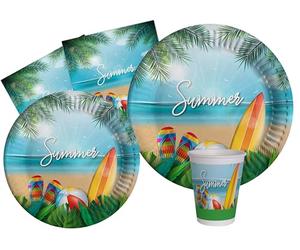 Kit Vaisselle de Fête Summer Beach Party pour 8 personnes (44 pcs: 8 assiettes Ø23cm, 8 assiettes Ø18cm, 8 gobelets 250ml, 20 serviettes 33x33cm) en papier compostable eco-friendly