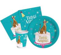 Kit Vaisselle de Fête Tanti Auguri Leopard pour 8 personnes (36 pcs: 8 assiettes Ø23cm, 8 gobelets 250ml, 20 serviettes 33x33cm) en papier compostable eco-friendly