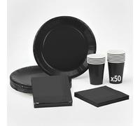Kit Vaisselle Noir 50 Personnes Table'Colors - 50 Assiettes, 50 Gobelets, 100 Serviettes - Vaisselle de Fête Pratique et Élégante pour Anniversaires et Événements