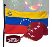 Kit Venezuela - Drapeau du Venezuela 7 étoiles 90x150 cm + Casquette Vinotinto + Bracelet Venezuela "Hasta el Final" - Inclut sac en coton réutilisable et carte en papier recyclé, Fútbol Venezuela