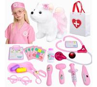 Kit Veterinaire Enfant avec Chien Peluche,Costume de Médecin & Stéthoscope, Électrique Interactif Chien avec Laisse Marche et Aboie,Malette Docteur Enfant ,Cadeau pour Filles et Garçons de 3-8 Ans