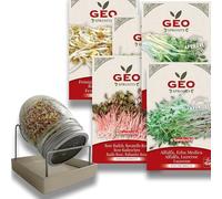 Kit Vitalité Immunité GEO - Germoir en Verre + 5 Graines à germer Bio (255 g) | Pousses prêtes en 3-6 j | Boost d’enzymes, vitamines & antioxydants | Taux de germination ≥ 95% | Vegan & Sans OGM