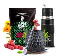 Kit yerba mate Verde Mate framboise 500g avec Yerbomos X et calebasse | Set complet avec yerba mate fruitée 500g, gourde 3-en-1, calebasse en céramique, bombilla, sous-verre et brosse d'entretien