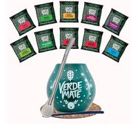 Kit yerba maté Verde Mate Green 10x50g avec calebasse et bombilla | Coffret d'échantillons de yerba maté brésilienne avec calebasse en céramique, bombilla et accessoires de préparation