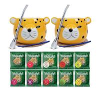 Kit Yerba Mate Yaguar - 2 Calabasses Céramiques Yaguar Gatito et Accessoires + 10 Échantillons Yerba Mate (50 g chacun) - Coffret Découverte