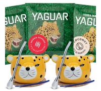 Kit Yerba Mate Yaguar - 2 Calebasses Céramique Gatito + 3 Échantillons Yerba Mate (Energía Guaraná, Coconut, Elaborada con Palo) et accessoires - Set Complet pour Débutants et Amateurs