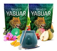 Kit Yerba Maté Yaguar Set de 2 Saveurs (2x500g) - Frutas Dulces et Silueta avec Calebasse Turquesa 400ml et Accessoires Inclus - Infusion Énergisante Riche en Caféine - pour Débutants et Amateurs