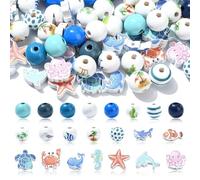 KitBeads Lot de 100 perles en bois bleu nautique aléatoires en forme d'animaux marins, coquillages, étoiles de mer, perles rondes pour la fabrication de bijoux, la plage, les fêtes