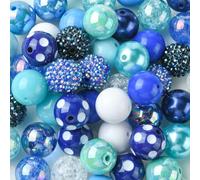 KitBeads Lot de 50 grosses perles en acrylique bleu avec strass aléatoires de 20 mm pour fabrication de porte-clés, bijoux, stylos et bracelets en vrac