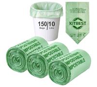 KITBEST 10L Sacs-poubelle Compostables 150 Sacs de Déchets Alimentaires, Sacs de Caddy Verts Biodégradables avec Certification EN13432, Petits Sacs-poubelle de Compostage pour Cuisine