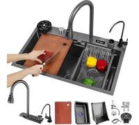 Kitche SIK, 304 Acier Inoxydable Ao Raidace Waterfall SIK, avec Robinet Extractible Sigle Bowl Big Siks, 304 Acier Stailess SIK avec Drai Straier Ad Accessoires, Black, 75x46cm