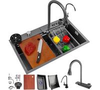 Kitche SIK, 304 Acier Inoxydable Ao Raidace Waterfall SIK, avec Robinet Extractible Sigle Bowl Big Siks, 304 Acier Stailess SIK avec Drai Straier Ad Accessoires, Black, 68x46cm
