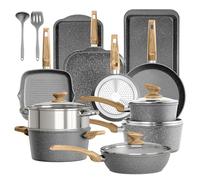 Kitchen Academy 17 Pièces Poêles à Induction et Casseroles Gris | Revêtement en Granit Poêle Antiadhésive non Toxique à Induction avec Couvercles En Verre Batterie de Cuisine