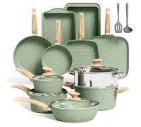 Kitchen Academy Batterie de cuisine 17 pièces pour induction avec plaque de cuisson, casseroles et poêles en granit vert antiadhésives, ensemble de poêles de cuisson antiadhésives
