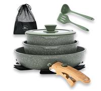 Kitchen Academy Lot de 10 Casseroles et Poêles, Poignée Amovible,Couvercles en Verre et Revêtement en Marbre et Revêtement Anti-adhésif Compatible Induction Poignée Lisse et Veinée Verts