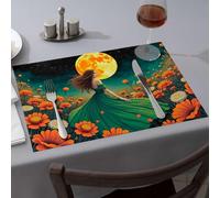 Kitchen And Dining A Woman In A Green Dress Walks Through A Field Of Flowers Under A Full Moon Sets de table Nappe de table d'été (4 pièces)