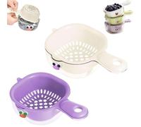 Kitchen Dual-Layer Draining Basket with Handle, Handy Mini Berry and Tomato Washer, Double Drain Plastic Fruit Washing Bowl, for Berries, Vegetables, Fruits, Easy to Clean (Purple+White)