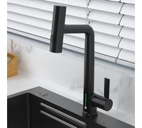 Kitchen Faucets with Pull Out Spray, Digital Temperature Display 3 Modes Waterfall Shower Mode Brass Pull Out Kitchen Mixer Faucet-Black