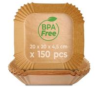 KITCHEN GURU Papier Cuisson Air Fryer, 150 Moules Carrés, pour Friteuse sans Huile, 5 à 11L, Dimensions 20 * 20 * 4,5cm, Antiadhésif, Résistant à la Chaleur, BPA Free, Qualité alimentaire