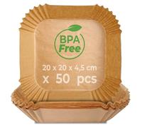 KITCHEN GURU, Papier Cuisson Air Fryer, 50 Moules Carrés, pour Friteuse sans Huile, 5 à 11L, Dimensions 20 * 20 * 4,5cm, Antiadhésif, Résistant à la Chaleur, BPA Free, Qualité alimentaire