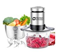 Kitchen in the Box Hachoir Électrique 400W 2 Bols 2L | Hachoir électrique 400W avec 2 bols de 2L en verre et inox, 2 lames bi-niveau pour viande, légumes et fruits