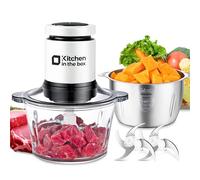 Kitchen in the Box Hachoir Électrique 400W, Hachoir à Viande avec 2 Bols (Verre 2L + Inox 2L), 2 Lames Bi-niveau, Mixeur hachoir, Légumes, Oignons, Fruits，Blanc