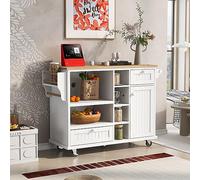 Kitchen Island Chariot avec roues verrouillables - Armoire micro-ondes de 129 cm et serveur de buffet pour cuisine, salle à manger, salle de bain - Buffet de rangement polyvalent blanc, 91,9 cm de