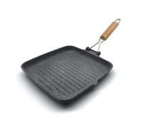 KITCHEN MOVE Grill en aluminium induction antiadhésif 26 cm ONYX avec poignée rabattable imitation bois revêtement pierre 5 couches