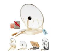 Kitchen Pot Lid Storage Rack, Multifunctional Stainless Steel Pot and Pan Organizer with Removable Drip Tray, Two-Compartment Spatula Holder for Counter Stove Top Kitchen Accessories(Beige-Single)