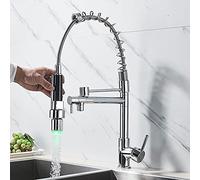 Kitchen Sink Faucet for Commercial, LED Color Changing Kitchen Faucet, Mixer Tap Spring Polished Chrome Kitchen Crane Tap, Deck Mounted Swivel Spout Pull Down Faucet