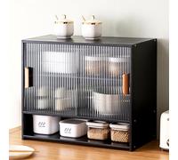 Kitchen Small Bamboo Sideboard with 2 Acrylic Doors Black Storage Shelf Sliding Pantry Cabinet for Home Bar Coffee Bar