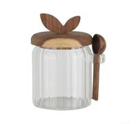Kitchen Spice Jar Glass With Carved Wood Lid | Vertical ribbed design, clear visibility, natural wood leaf lid, includes hanging spoon, dry food storage