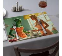 Kitchen & Table Linens A Green Alien and A Blonde Woman Iron Clothes in A Retro Kitchen Dining Sets de table Assiettes Décoratives Nappe Western (6 pièces)
