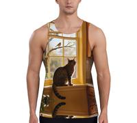 Kitchen Window Cat Débardeur de sport pour homme - Séchage rapide - Coupe ample sans manches - Pour la course à pied et l'entraînement, Noir , XL