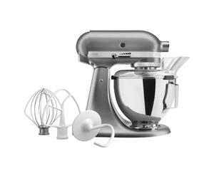 KitchenAid Classic Robot Pâtissier 4.3L à Tête Inclinable, 10 Vitesses Démarrage Doux, Batteur Plat, Crochet & Fouet, Mélange Planétaire, 59 Points de Contact, Argent Contour