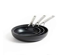 KitchenAid Forged Hardened Ensemble de poêles à frire antiadhésives à 3 couches de fabrication allemande de 20cm, 24cm & 28cm, poignée en acier inoxydable, résistant à l'induction et au four, noir