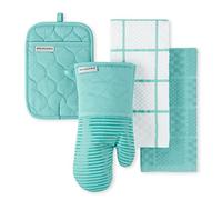 KitchenAid Lot de 4 Gants de Cuisine matelassés en Coton éponge - Résistants à la Chaleur - Poignée en Silicone - 40,6 x 66 cm, 17,8 x 33 cm et 17,8 x 25,4 cm - Bleu Ciel Turquoise