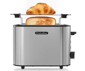 KitchenBoss Grille-pain 2 Tranches 870 W : Grille-Pain en Acier Inoxydable avec Grille Réchauffe-Viennoiseries et Tiroir Ramasse-Miettes, 6 Niveaux de Brunissement