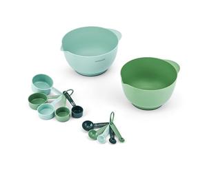 KitchenCraft Ensemble de 12 pièces pour mélanger et mesurer, 2 Bols empilables, 5 Tasses et 5 cuillères doseuses, Set Compact idéal pour la préparation des Repas et la pâtisserie, Vert et Bleu