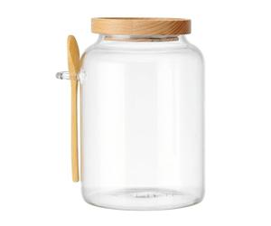 KitchenCraft Idilica, bocal en verre avec couvercle en bois de hêtre et cuillère en bambou, boîte en verre hermétique avec couvercle en bois pour le stockage et l'organisation de la cuisine, 1200ml