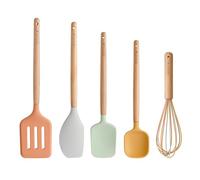 KitchenCraft Idilica Silicone Tool Set, 5pc Cooking Utensil Set with FSC Beechwood Handles, Multi-Colour Kitchen Tools