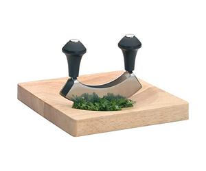 KitchenCraft Mezzaluna Chopper Et Planche À Découper En Bois, Couteau À Double Lame En Acier Inoxydable / Bois, Ensemble De 2 Pièces, Argent/Noir