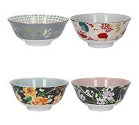 KitchenCraft Lot de 4 bols en céramique émaillée Motif floral bohème 15,5 x 7,5 cm Livré dans une boîte cadeau Vert/gris/orange/rose