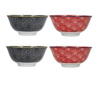KitchenCraft Lot de 4 bols à céréales et dessert en céramique - Motif floral - Passe au micro-ondes et au lave-vaisselle - Avec boîte cadeau - Rouge et noir
