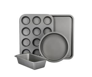 KitchenCraft - Sets de Plat de Cuisson Antiadhésifs en Acier au Carbone, 4 Pièces, Dont Moule à Gâteau Rond/Plateau de Cuisson/Moules à Muffin