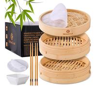 KITCHENCRUST Panier vapeur en bambou pour cuisine chinoise asiatique - 2 étages 25,4 cm panier vapeur pour petits pains bao légumes, plats à sauce, baguettes, doublures réutilisables